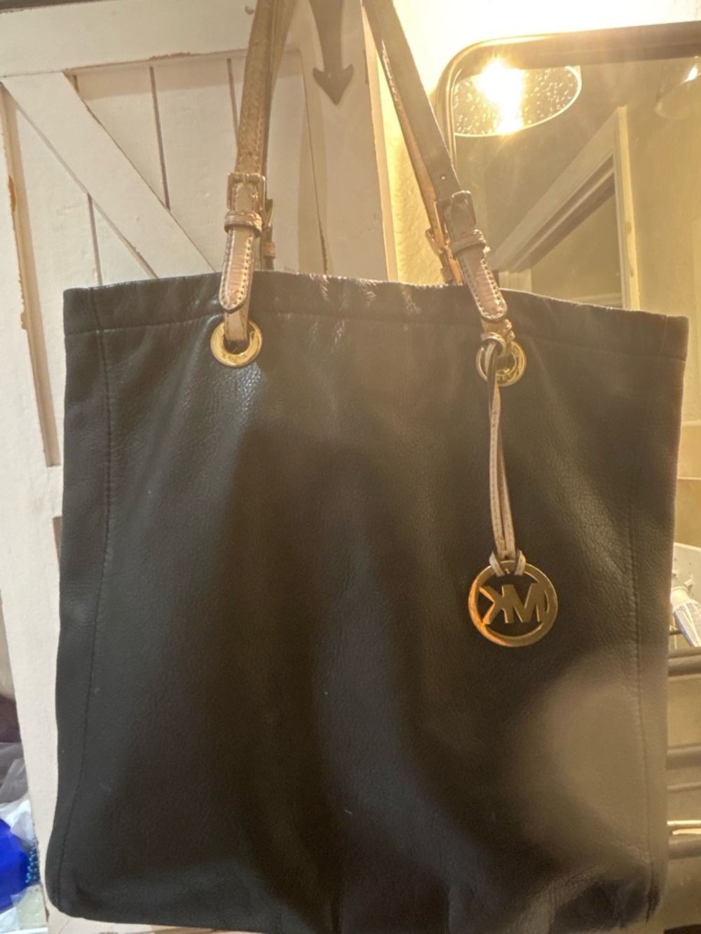 Michael Kors Black Leather Tote with Gold MK Charm